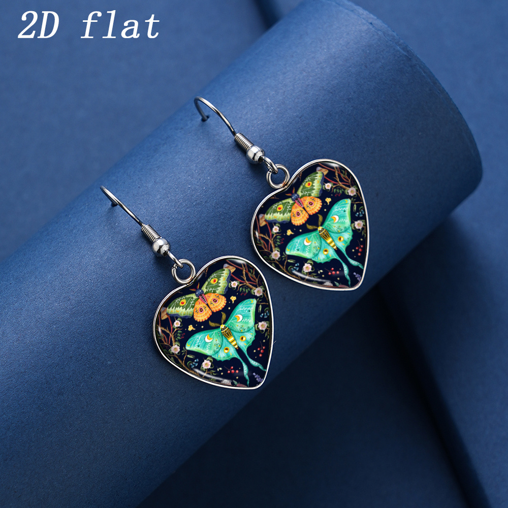 Vintage Forest Moth & Flower Pattern Heart-Shaped Earrings